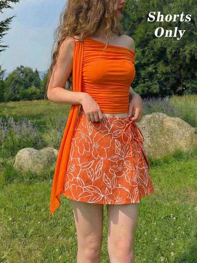 SHEIN MOD Women's All-Over Print Wrap Lace-Up Casual Shorts, Summer, Festival Outfits For Women, Party Shorts, Beach Outfit For Women, Casual Shorts, Vacation Outfits For Women, Office Wear Women, Graphic Shorts, Going Out, Music Festival Outfit, Boho, Vintage, Western, Orange Floral Print Mini Wrap Shorts With Side Tie Detail, Nomadic Style, Y2K