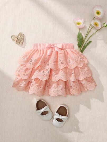 Souflis French Retro New Delicate Baby Girls' Casual 3-Layer Embroidered Lace Hem Skirt, Suitable For Daily, Outing, Various Occasions