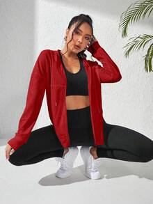 Eassivo Eassivo 女士纯色抽绳连帽拉链口袋休闲百搭日常长袖运动夹克 - 酒紅色 - 查看 5