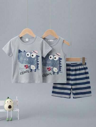 Conjunto set pijama 3 piezas de camiseta sin mangas y de manga corta y pantalón corto de algodón de verano para niño pequeño con distintos estampados