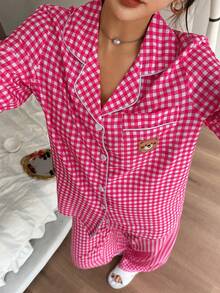 SHEIN 格子印花熊头刺绣口袋前扣长袖睡衣套装（女款） - 彩色 - 查看 6