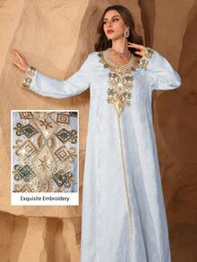 Al Najma Áo Kaftan thêu hoa phối sequin jacquard. - Màu xanh lam - Xem 3