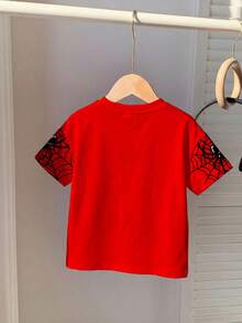SHEIN 男婴休闲简约上衣，适合春夏穿着，经典时尚的蜘蛛和蜘蛛网图案印花 - 彩色 - 查看 3