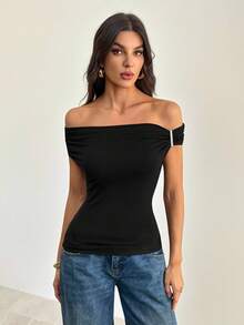 SHEIN Tall 不对称肩部针织T恤上衣，紫红色黑色上衣 - 黑色 - 查看 3