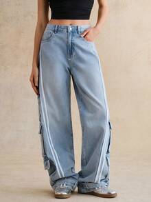 Anewsta Heavy-Duty Blue Striped Print Denim Jeans Baggy Jeans Women Loose Jeans Baggy Jeans Y2k Wide Leg Jeans Oversized Jeans - Blue - View 9