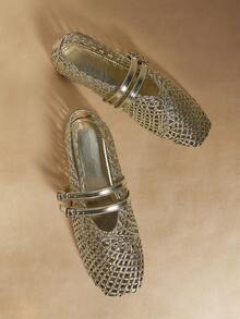 Rosivie 女士手工编织方头休闲舒适平底乐福鞋 - 金色 - 查看 1