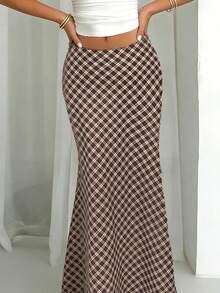 Glamine Chân váy maxi đuôi cá kẻ caro dành cho nữ, váy cotton dài ngang gối, váy maxi thanh lịch, phù hợp cho các bữa tiệc và mặc hàng ngày, chân váy maxi màu nâu cà phê. - Cà phê nâu - Xem 5