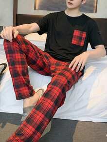 Velminro Men's Plaid Print Round Neck Short Sleeve Top And Pants Pajama Set - Black - View 2