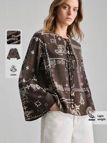 Ontre 女士复古印花系带长袖衬衫 - 棕色 - 查看 1