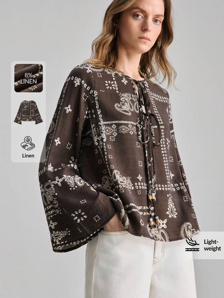 Ontre 女士复古印花系带长袖衬衫 - 棕色 - 查看 1