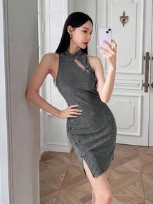 EastFlair Đầm dạ hội kiểu Trung Quốc mới, chất liệu lụa bóng, cổ áo sườn xám, cài cúc, không tay, ôm sát cơ thể dành cho nữ. - Bạc - Xem 4