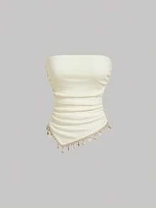 SHEIN MOD 女士抹胸上衣，带流苏系带下摆 - 杏色 - 查看 6