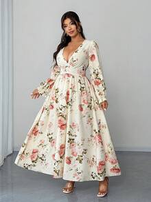 Elenzga Plus Size Women's White Boho Floral Print Flowy Maxi Dress,Lantern Sleeve Autumn Holiday Tea Party Wedding Sundress, Scoop Neck Casual Outfit - Multicolor - View 3