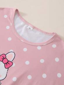4-Piece Set Girls' Cute Rabbit Cartoon Pattern Pink And White Polka Dot Pajama Set,Summer Short-Sleeved Top And Pants Sleep Wear,Girly Outfit For Kids - Multicolor - View 7