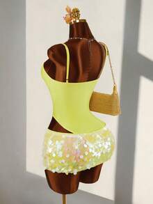 Amplova Conjunto de 2 piezas de mujer con camisola acanalada verde neón y minifalda ajustado con lentejuelas sexy - Amarillo - Ver 7