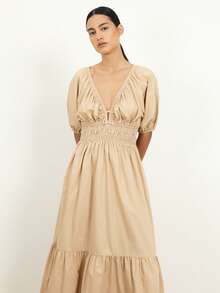 KSTM Vestido maxi con cuello en V fruncido, mangas abullonadas, cintura fruncida y bajo con volantes para invitada de boda en verano - Óxido marrón - Ver 4