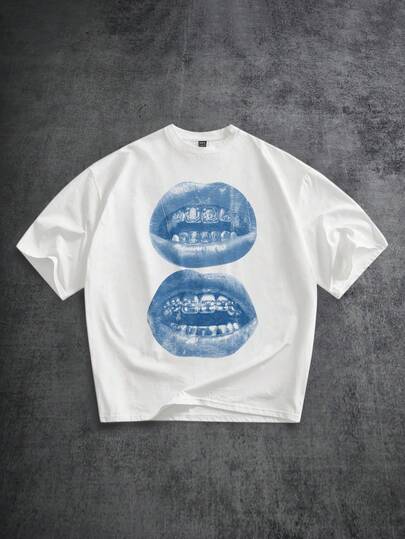 Manfinity ZONE917 Loose Distressed Blue Street Lip Gem Teeth Print White Short Sleeve T-Shirt, Suitable For Spring/Summer, Funny Gift For Boyfriend/Yourself