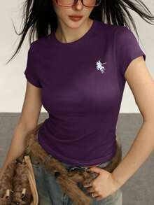 Rina Fox 女士骑士印花圆领短袖露脐休闲T恤 - 紫色 - 查看 5