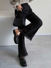FRIFUL Women's Versatile Solid Color Lace Trim Pants Summer - Black - View 6
