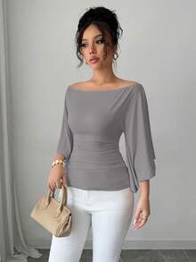 Celisse Knitted High Elasticity Flare Sleeve Women T-Shirt - Grey - View 7