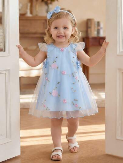 Souflis Infant Toddler Newborn 0-3Y Baby Girl Unisex Princess Style 3D Floral Mesh Bow Decor Dress, Suitable For Birthday Party, Evening Party, Daily Wear, Vacation, Spring Summer Outfit