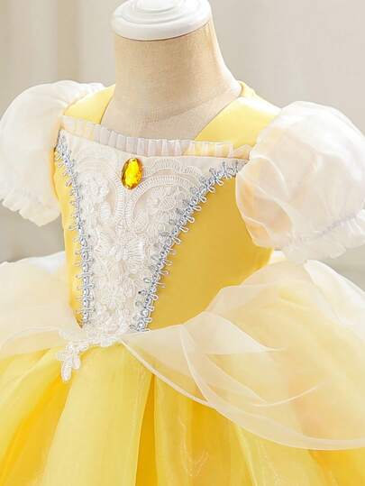 SHEIN Glamorique Kids 女婴公主薄纱连衣裙，黄色网纱连衣裙，泡泡袖，生日派对，婚礼节日正式礼服，珠宝装饰，四季皆宜，优雅正式礼服