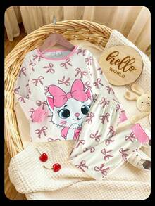 Genkimix Kids 2pcs/Set Young Girls Pink Minimalist Cat & Bow Print Long Sleeve Pajamas - Baby Pink - View 3