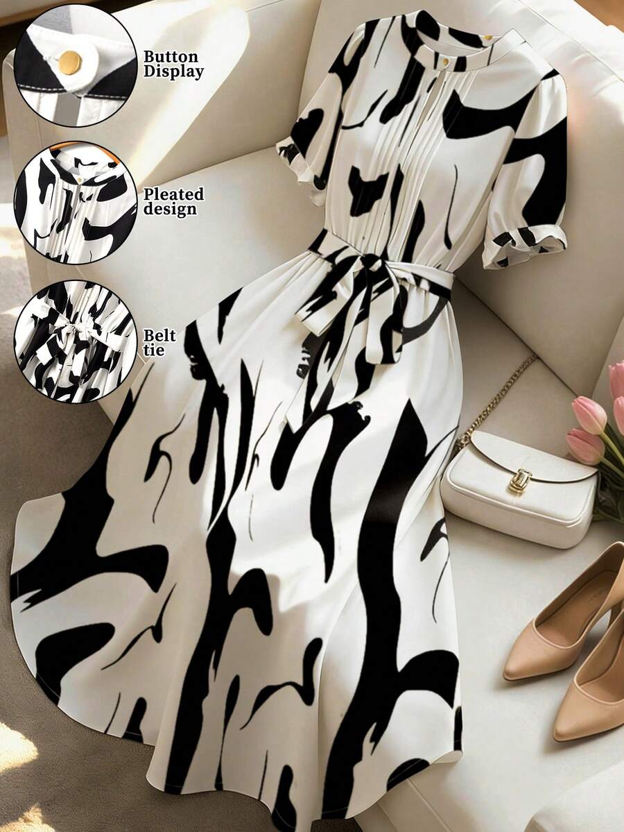 GlowEve CURVE 女士加大码优雅条纹印花V领泡泡袖修身腰带中长连衣裙,适合春、夏、秋、冬、返校、派对、圣诞节、婚礼、母亲节、音乐节、通勤等场合。动物纹印花连衣裙,女士奢华连衣裙,女士优雅连衣裙,新款女士连衣裙,正式礼服,高品质连衣裙 - 杏色 - 查看 1