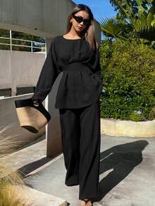 Livesso 秋冬季宽松商务休闲时尚街头风荷叶边收腰办公服套头衫搭配直筒休闲裤套装，优雅两件套，女士 - 黑色 - 查看 4