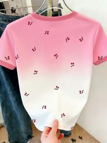 Resyla Camiseta de manga corta casual de mujer con estampado de degradado de cereza, para verano - Multicolor - Ver 2