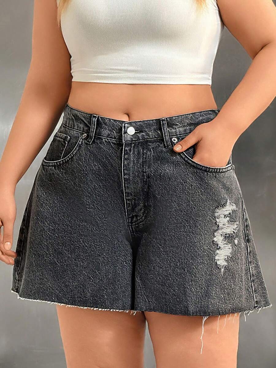 SHEIN Women Washed Detail High-Rise Plus Size Elastic Waist Denim Shorts - Dark Grey - View 1