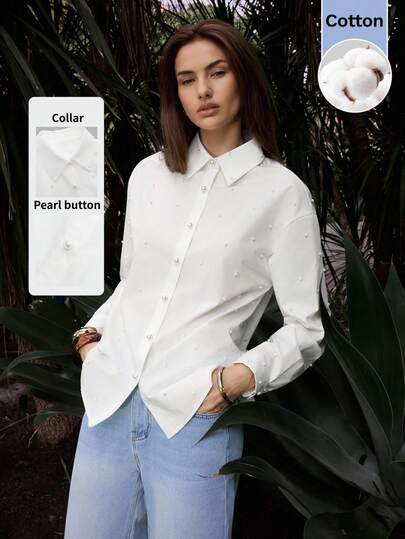 Maija Blusa casual y versátil con adorno de perlas para uso diario