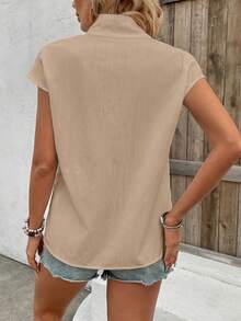 Zayélia 女士夏季純色立領單排釦蝙蝠袖休閒襯衫 - 卡其色 - 查看 2