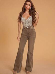 Selenza 女士口袋纽扣休闲百搭日常喇叭牛仔裤 - 咖啡棕 - 查看 5