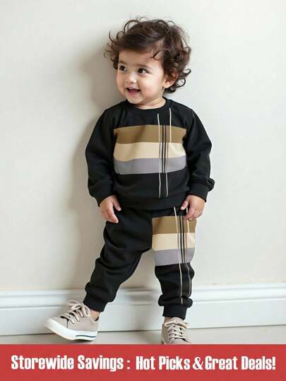 SHEIN Set de 2 piezas de sudadera de manga larga de cuello redondo y pantalón de chándal con estampado rayado vintage, holgados, para niños pequeños, para otoño/invierno