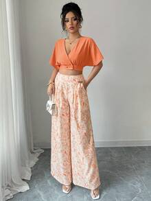 Breezaya 2 件套女士夏季 V 领短袖纽扣衬衫和高腰阔腿裤 - 橘色 - 查看 6