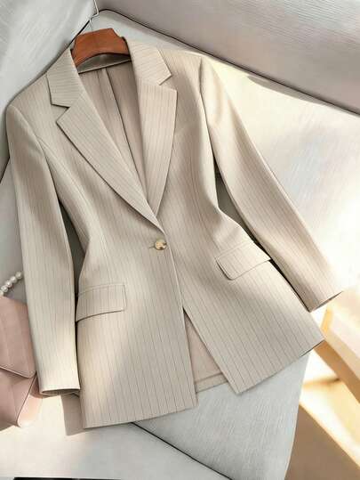  Franclia Khaki Casual Blazer For Women Suitable For Commuting Fall Cloth Spring Cloth For Women Women's Long Sleeve Khaki Blazer With Pockets Women's Jacket Simple Yet Elegant Waist-Cinching And Stylish Dark Stripe Perfect For Everyday Work Going Out Elegant Casual Vacation Graduation Season Attire Fashionable Casual Commuter Wear Business Office Wear Versatile And Stylish Everyday Casual Wear Urban Teacher's Professional Attire Women's Suits Women's Blazers Pinstripe Blazer