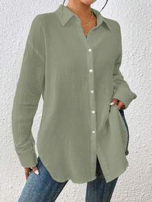 EMERY ROSE 女士純色簡單衣領釦扣襯衫 - 綠色 - 查看 4