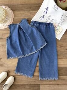 SHEIN LMoss Kids 2件套少女镂空刺绣花卉图案蓝色牛仔宽松背心和裤子套装 - 中等水洗藍 - 查看 5