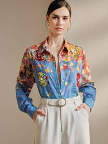 Anewsta Romantic Vacation Style Blue & White Striped Oil Painting Print Embellished Handmade Beaded & Sequin Floral Women Blouse - Blue - View 3