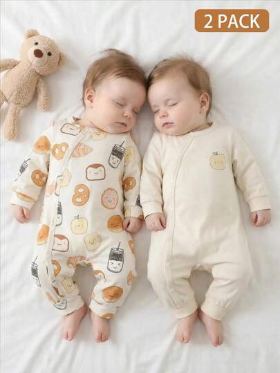 SHEIN 2件套新生男宝宝连体衣，休闲时尚新款，甜甜圈牛奶印花长袖连体衣+苹果印花长袖连体衣，面料柔软舒适，斜襟设计，方便穿脱，适合日常穿着，婴儿服装套装