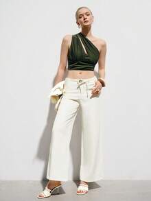 Aveloria Modichic Women's Army Green Summer Seksi Chic Club Night Shimmering One Shoulder Asymmetric Cutout Front Ruched Slim Cropped Y2k Top With Inner Tube Structure - Army Green - View 1