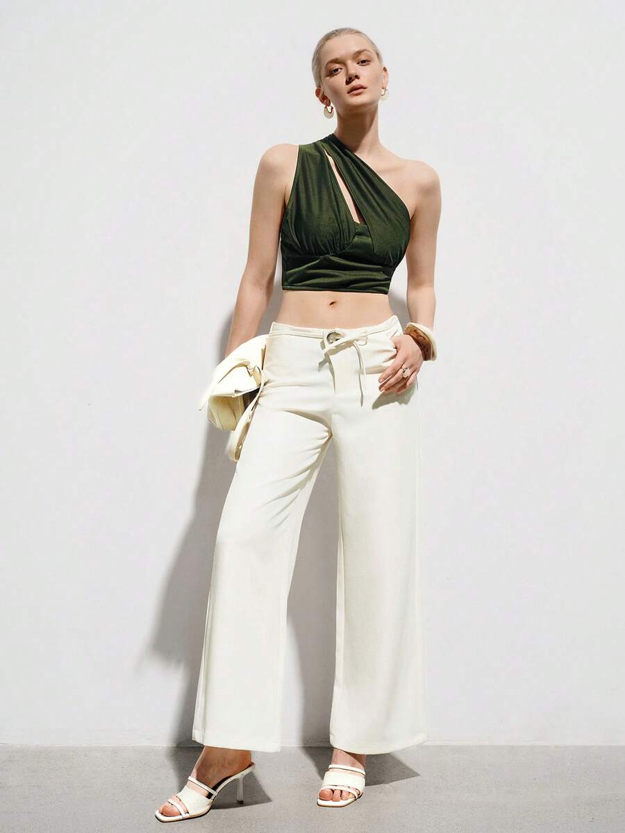 Aveloria Modichic Women's Army Green Summer Seksi Chic Club Night Shimmering One Shoulder Asymmetric Cutout Front Ruched Slim Cropped Y2k Top With Inner Tube Structure - Army Green - View 1