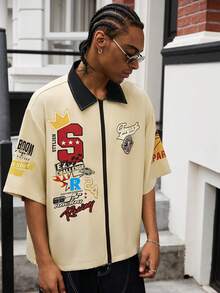 GALLERY FADE 男士字母印花短袖拉链休闲衬衫 - 卡其色 - 查看 7