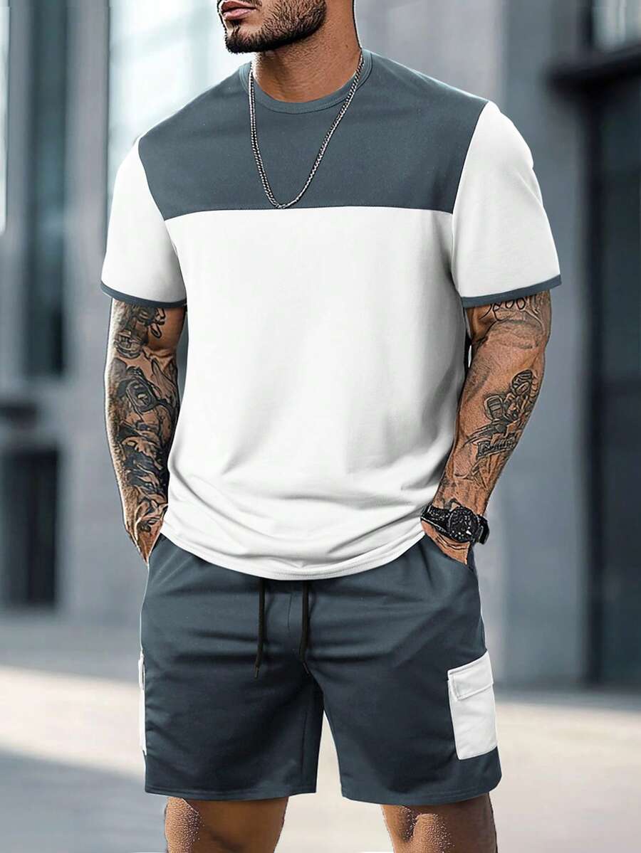 Manfinity Homme Bộ đồ nam gồm áo thun ngắn tay cổ tròn phối màu tương phản và quần short cạp chun, kiểu dáng thường ngày. - Nhiều màu - Xem 1