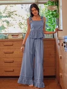 Lullawish Bohemian Style Spaghetti Strap Woven Cotton Women Pajama Set - Blue - View 3
