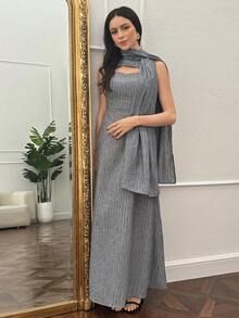 Modelyn Women's Striped Hollow-Out Sleeveless Elegant Dress,Grey Summer Tea Party Maxi Dress,Luxury Long Zebra Zig Zag Stripe Dresses For Women,Zanea Dress - Apricot - View 2
