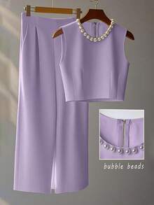 Franclia French High-Level Chic Three-Dimensional Beaded Sleeveless Tops Layered Wide-Leg Pants Trousers Summer Two Pieces Suits Ladies Summer Clothing Summer Two Pieces Suits Summer - Lilac Purple - View 1