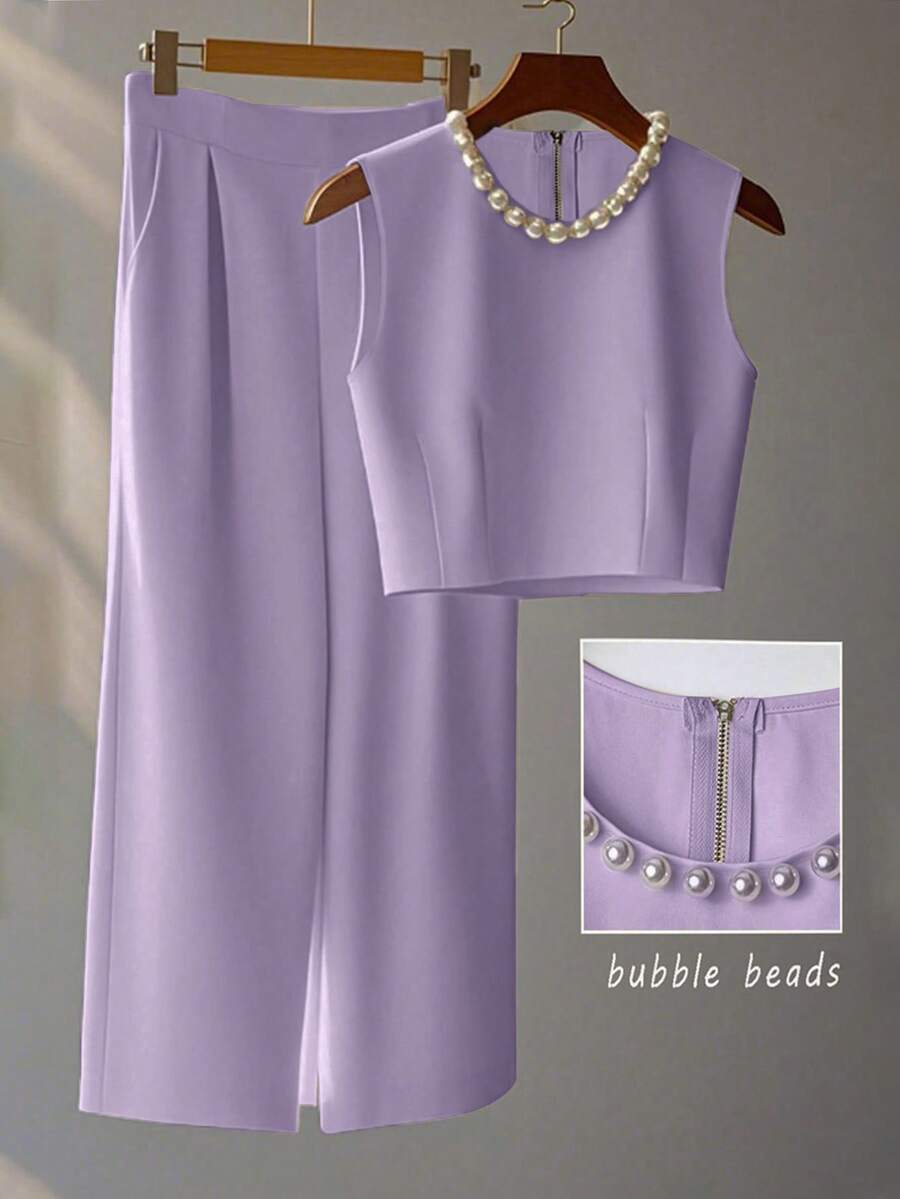 Franclia French High-Level Chic Three-Dimensional Beaded Sleeveless Tops Layered Wide-Leg Pants Trousers Summer Two Pieces Suits Ladies Summer Clothing Summer Two Pieces Suits Summer - Lilac Purple - View 1