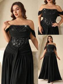 Coutiva Plus Size Sequin Patchwork Off-Shoulder Formal Evening Gown Plus Size Off Shoulder Evening Gown Sequin Corset Formal Maxi Dress Elegant Ruched Waist Banquet Dress Off Shoulder Bardot Neckline Sparkle Sequin Embroidered Bodice High Waist A Line Silhouette Formal Evening Banquet Wedding Reception Party Elegant Sophisticated Classic Solid Black - Black - View 1